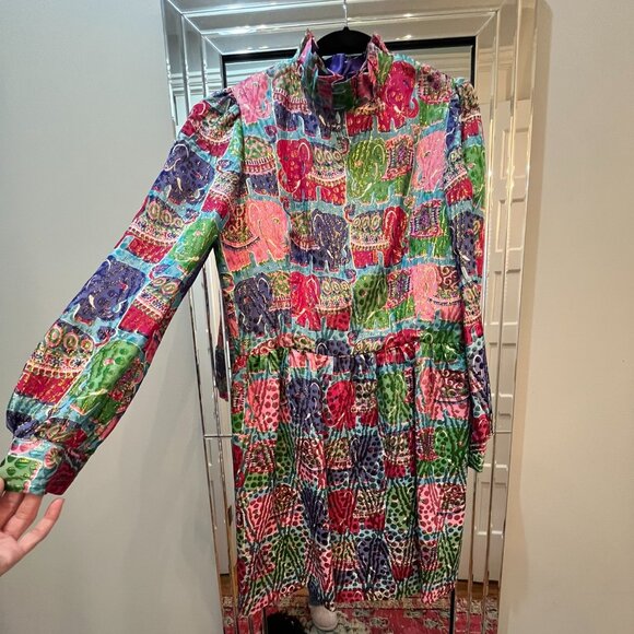 Jules Reid, Long Sleeved Dress w/Ruffle neckline. Elephant Print, Size 12 - Picture 1 of 8